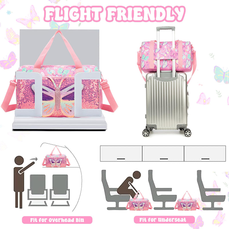 Butterfly Kids Duffle Bag Girls Ballet Dance Bag Overnight Travel Bags for Girls Sports Gymnastics Bags for Kids with Shoe Compartment Pink Butterfly