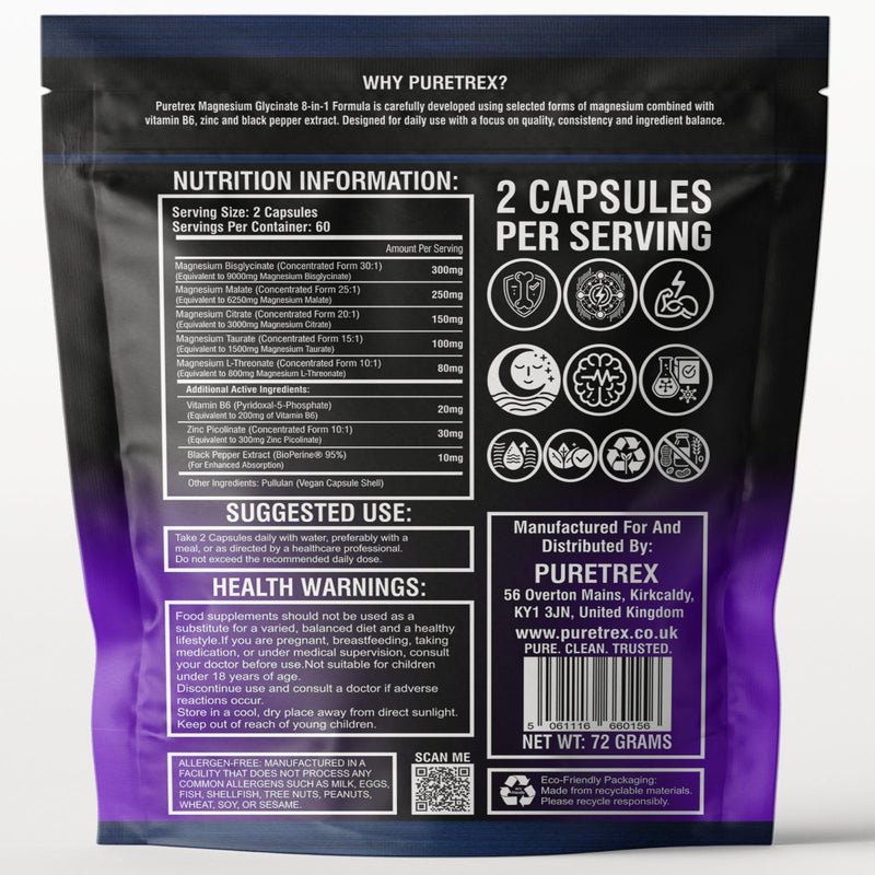 Puretrex Magnesium Glycinate 8 in 1 Complex, High Absorption Magnesium Capsules for Muscle & Relaxation Support, 5 Advanced Forms with Bisglycinate, Vegan, Non GMO, Made in UK, 120 Capsules