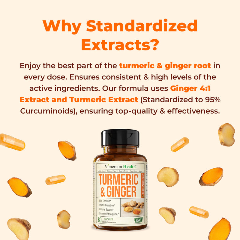[Australia] - Tumeric and Ginger with Black Pepper - Natural Turmeric Curcumin Joint Support Supplement with Bioperine & 95% Curcuminoids. High Absorption Curcumin Supplements. Digestive & Immune Support. 60 Caps Turmeric Ginger Capsules 