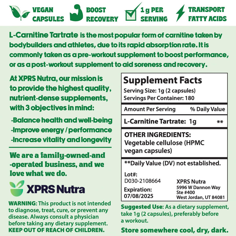 [Australia] - XPRS Nutra L Carnitine Supplement - 360 Capsules of L Carnitine Tartrate - 6 Month Supply of L-Carnitine 500mg Capsules - 180 Servings of L-Carnitine 1000mg Capsules 