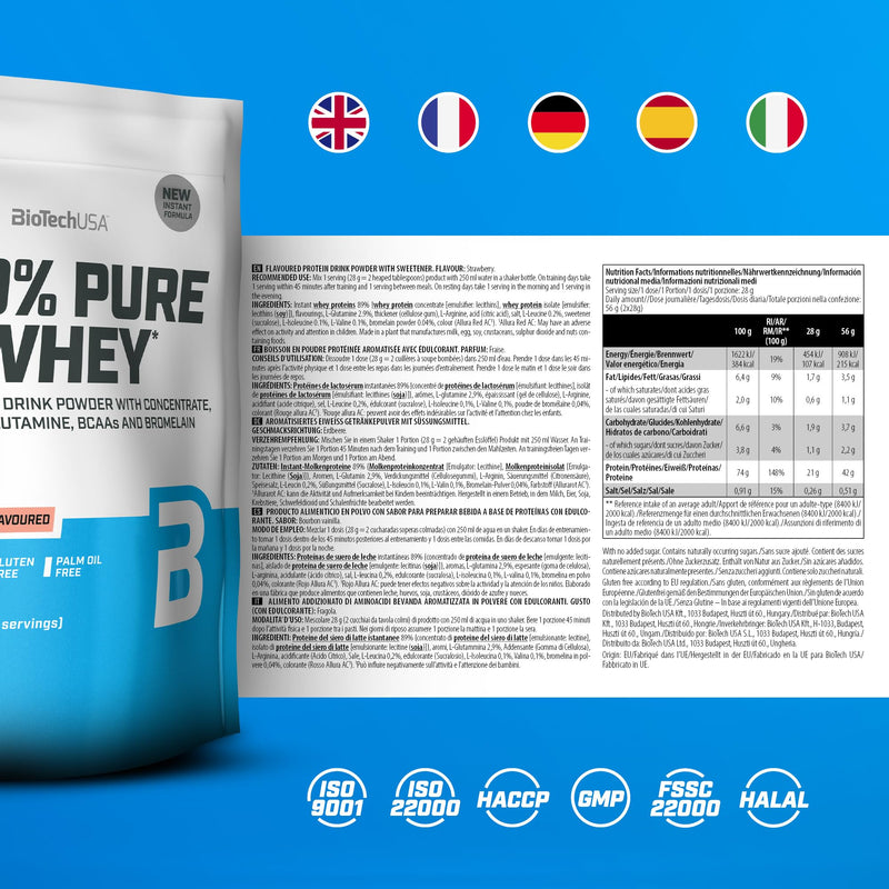 BioTechUSA 100% Pure Whey | Protein Powder with BCAA and Glutamine | Gluten-Free, Palm Oil Free | 21g Protein per Serving, 454 g, Strawberry 454 g (Confezione da 1)