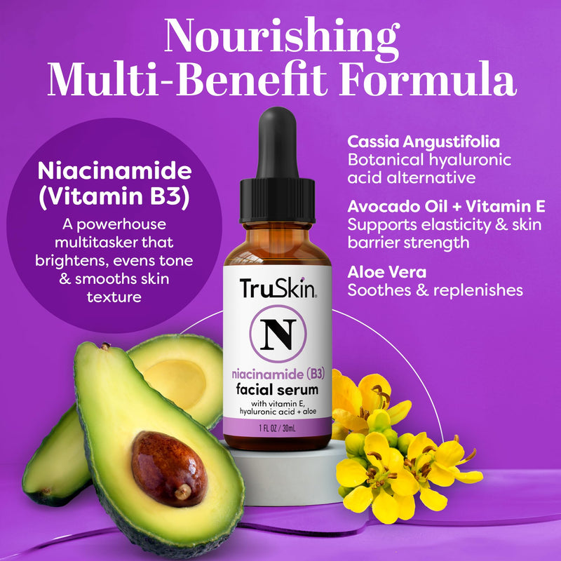 TruSkin Niacinamide Serum for Face with Hyaluronic Acid & Aloe, 1 fl oz | Pore-minimizing Vitamin B3 serum with Vitamin E helps balance uneven tone and support clearer, smoother-looking skin