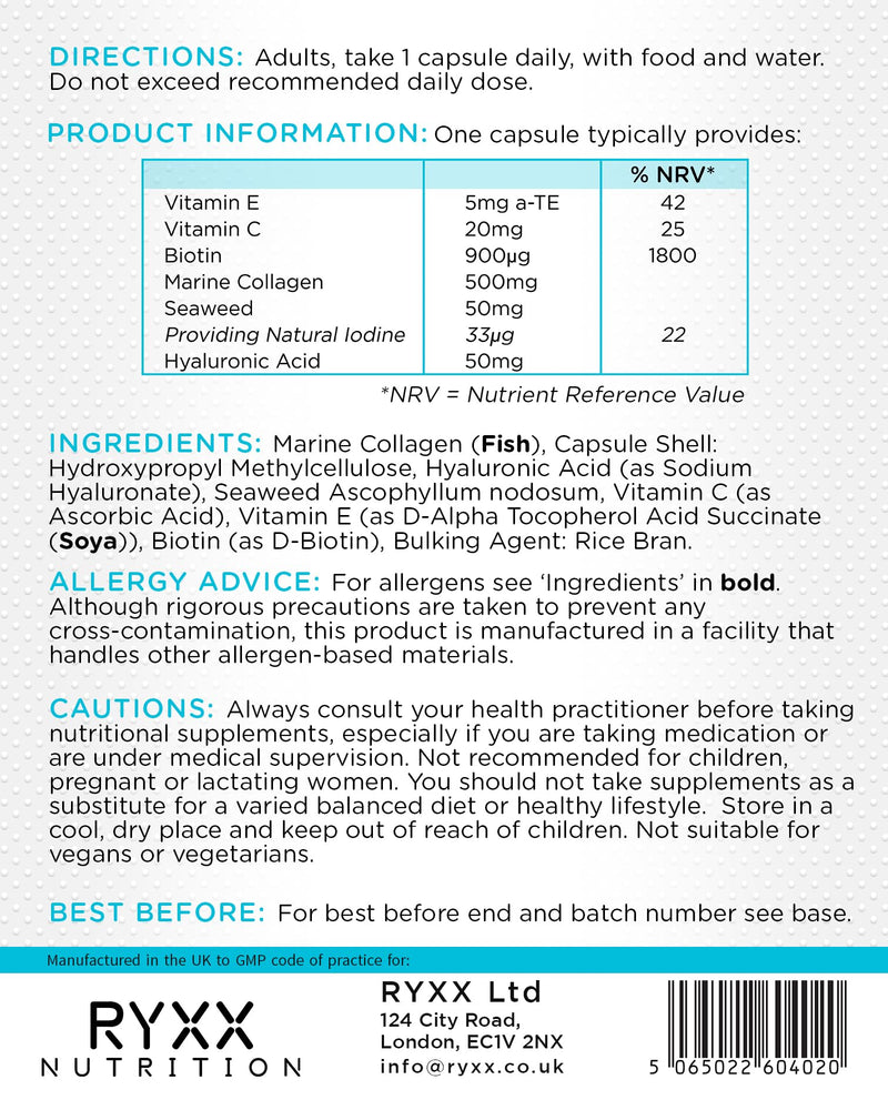 Collagen Complex+ | Marine Collagen Supplement with Hyaluronic Acid, Biotin, Vitamin C & E | Skin, Hair & Joint Support | 60 Capsules | Made in the UK by RYXX