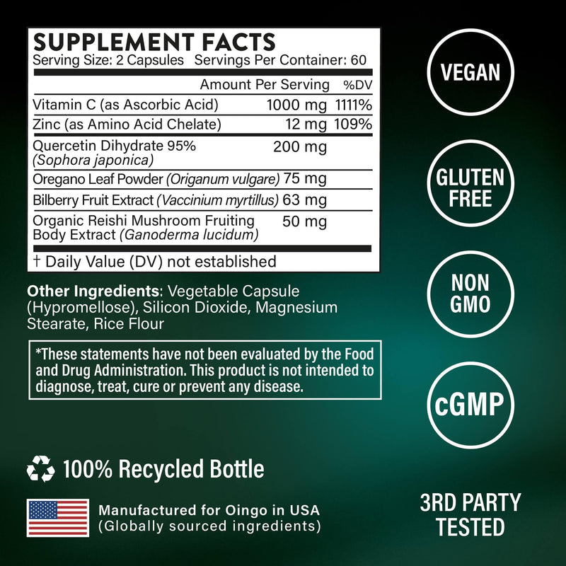 Daily Immunity Supplement — Immune Support Supplement with Vitamin C, Zinc Chelate, Quercetin, Bilberry Extract, Oregano Leaf, Organic Reishi Mushroom Extract, Vegan Gluten Free, 120 Capsules