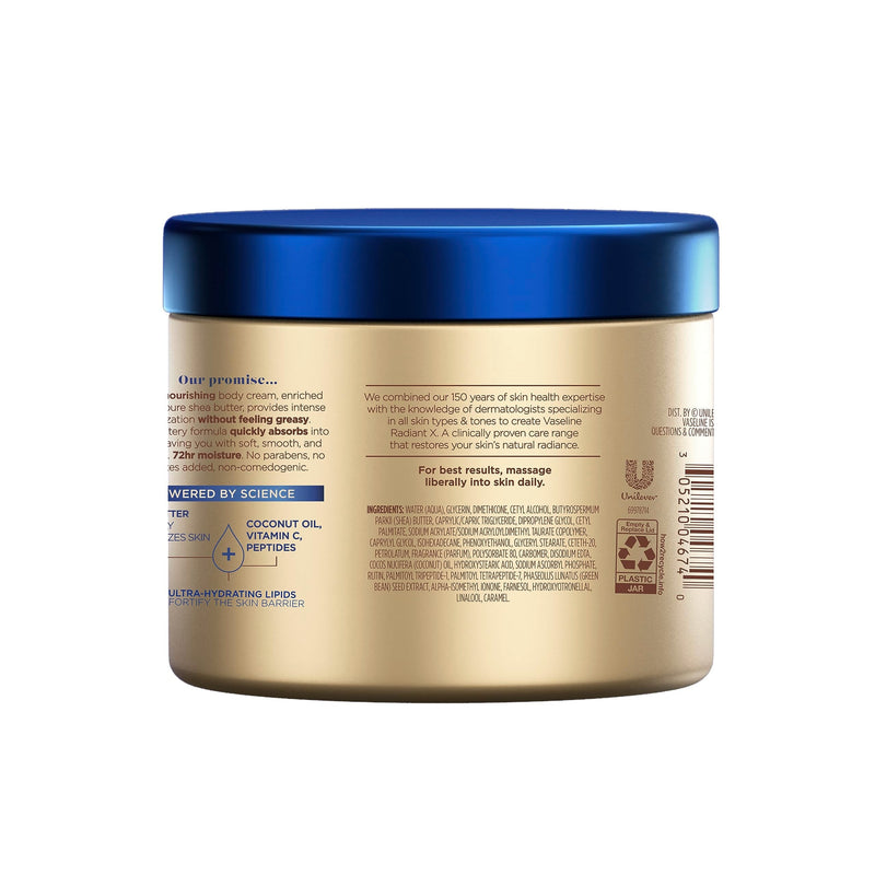 Vaseline Radiant X Deep Nourishment Body Cream 100% Pure Shea Butter, Coconut Oil, Vitamin C, & Peptides 10 oz 10 Ounce (Pack of 1) Skin moisturizer
