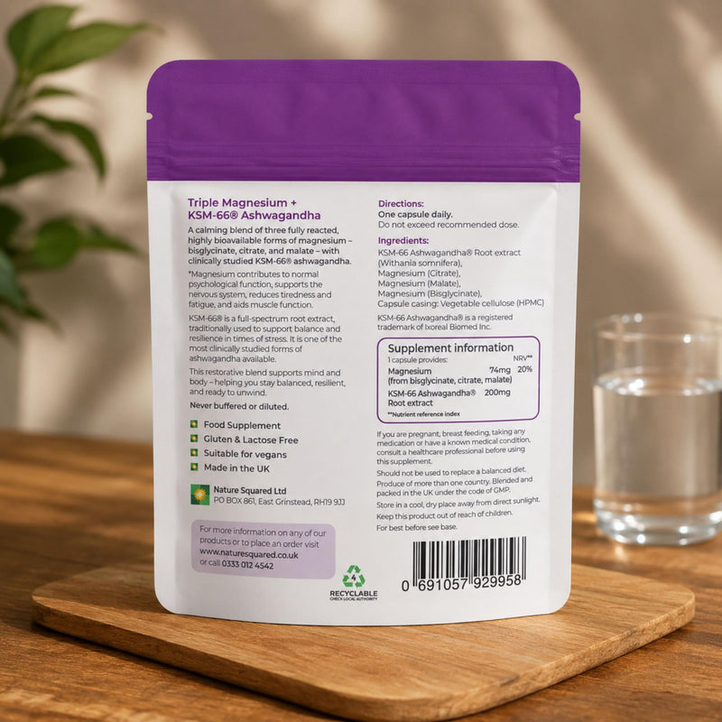 MAG3calm Triple Magnesium+KSM-66® Ashwagandha - 274mg Unbuffered - Magnesium Bisglycinate, Citrate & Malate - Sleep, Fatigue, Mood & Muscle Recovery - 60 Capsules - 2 Month Supply - Non GMO - UK Made