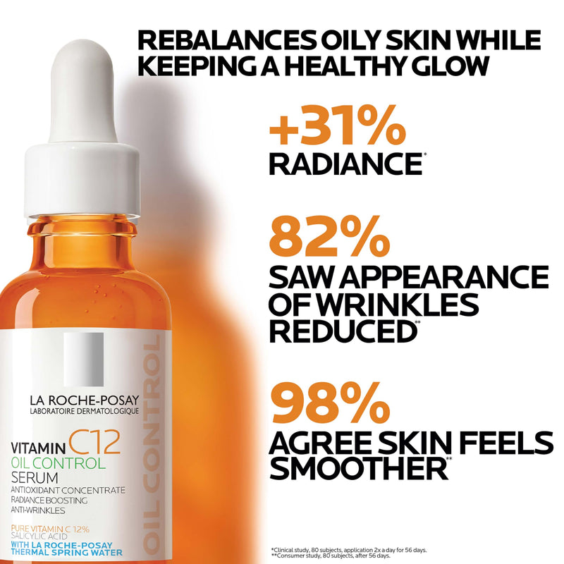 La Roche-Posay Pure 12% Vitamin C Serum For Face With Hyaluronic Acid & Salicylic Acid, Hydrating Face Serum, Boost Radiance & Reduce Wrinkles, 2 Formulas for Normal or Oily Skin Control Oily/Combination Skin - 1.01 Fl Oz