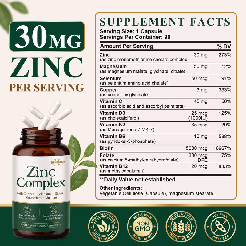 Zinc 30mg with Copper, Selenium, Magnesium, Vitamin C, D3, K2, B6, B12, Biotin & Folate - Chelated Zinc Complex for Women & Men - Immune, Hair, Skin, Nails & Daily Wellness Support - 90 Capsules