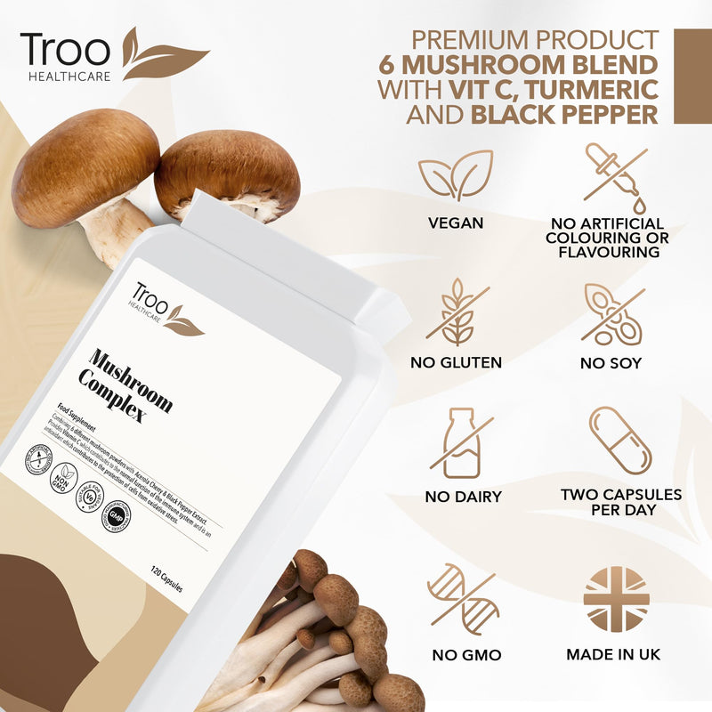 Troo Health Care Mushroom Complex 120 Capsules - 6 Shrooms with Acerola, Turmeric & Black Pepper - Maitake, Reishi, Shiitake, Chaga, Cordyceps, Lion's Mane - Soil Association Certified