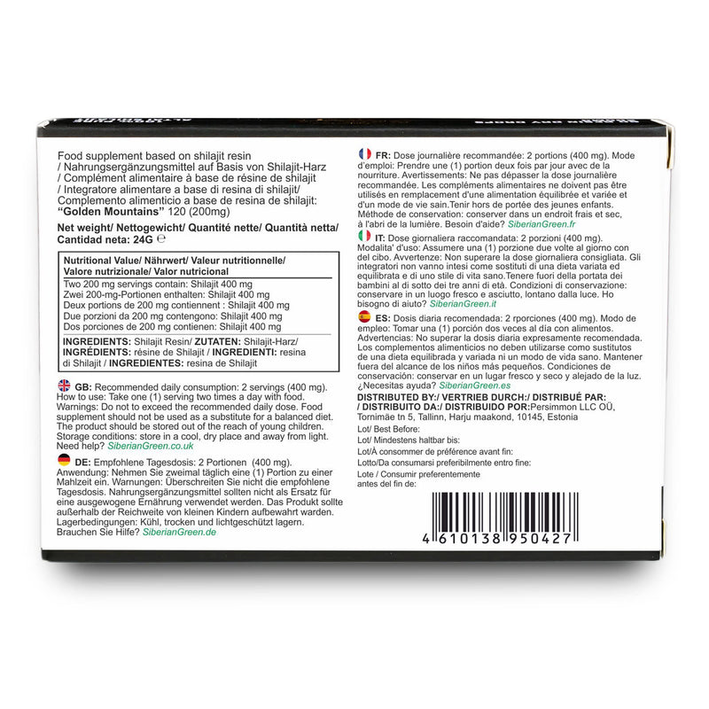 Premium Pure Shilajit Dry Drops by Siberian Green Altai Golden Mountains - 120 Count (200 mg) Food Supplement Fulvic Acid Caffeine 120 count (Pack of 1)