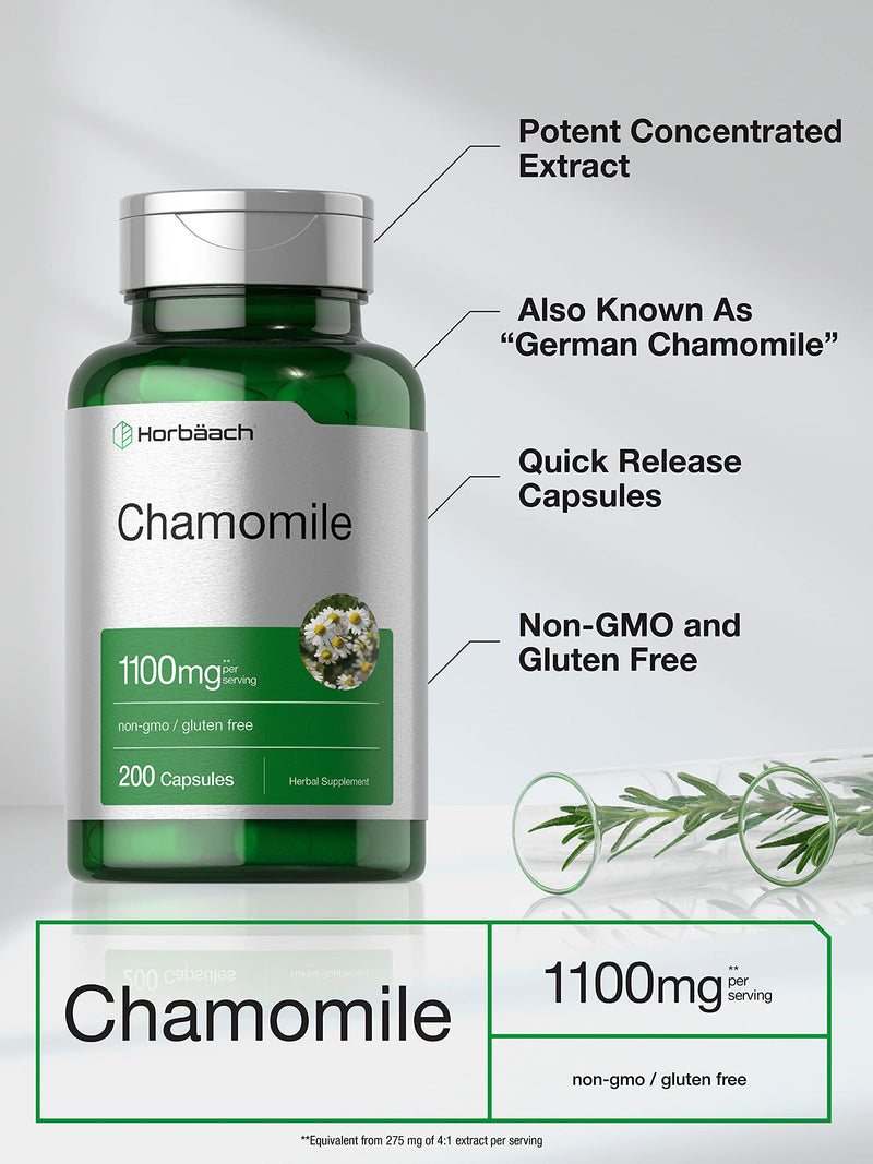 Horbäach Chamomile Flower 1100mg | 200 Capsules | Non-GMO, Gluten Free Supplement