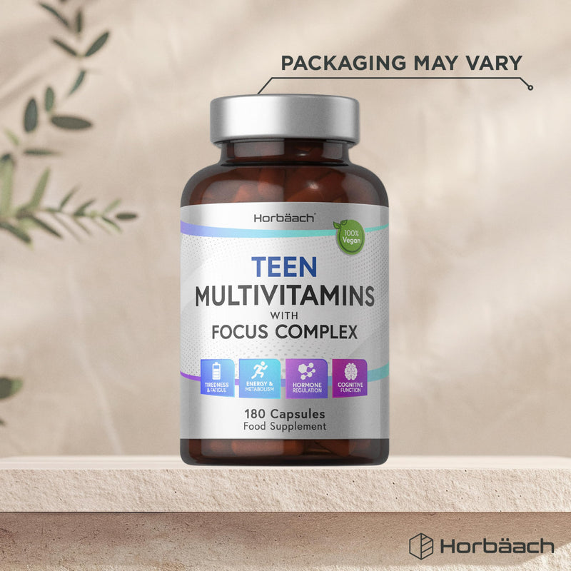 Multivitamin Tablets for Teenagers with Focus Complex | 180 Capsules | High Strength Complex with Vitamin B6, B5, Magnesium, Iron and Zinc | Vegan Supplement for Teens 13+ | By Horbaach