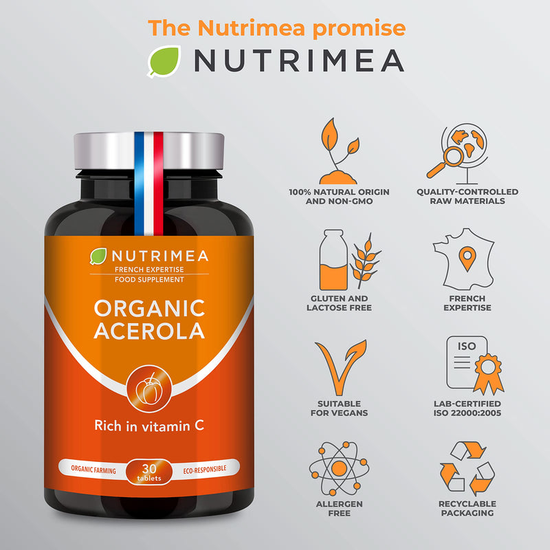 Organic ACEROLA 1000 mg | Natural Vitamin C | Highly Concentrated | Reduces Fatigue, Protects from Oxidative Stress & Strengthens the Immune System | 30 Vegan Tablets | French Expertise
