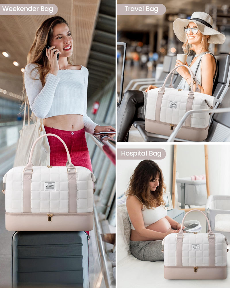LOVEVOOK Travel Duffle Bag with Shoe Compartments - Carry on Overnight Bag & Weekender Bags for Women, Yoga Gym Bag with Wet Pocket, 2Pcs Set White/Nude X-Large