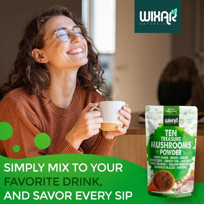 [Australia] - Wixar Mushroom Powder - Ten Treasure Mushrooms Extract Supplement Blend for Coffee & Smoothies - Lions Mane, Turkey Tail, Reishi, Chaga, Shiitake, Cordyceps, Complex - 4oz Mushroom Supplement 