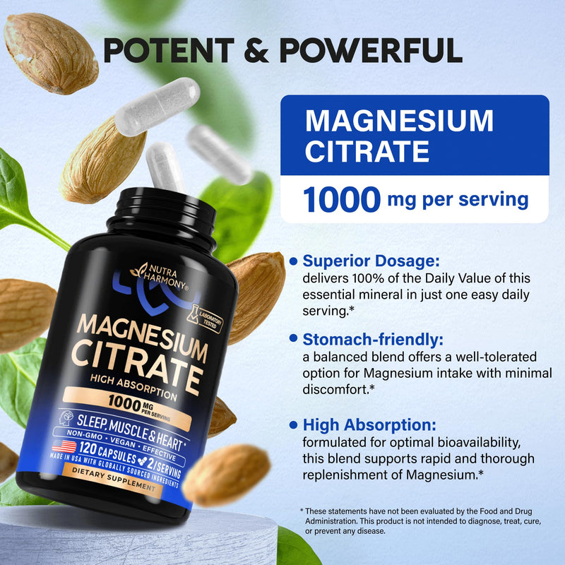 [Australia] - Magnesium Citrate Capsules 1000mg | High Absorption Supplement - Sleep, Muscle & Heart Support - Vegan | Non-GMO - Made in USA - As Powder | Pills | Tablets - 120 Capsules, 2 Month Supply 120 Count (Pack of 1) 