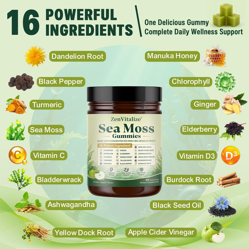 Sea Moss Gummies 16-in-1, Irish Sea Moss Supplement for Women & Men with Black Seed Oil, Ashwagandha, Bladderwrack, Burdock Root, Elderberry, Vitamins C & D3, 60 Count