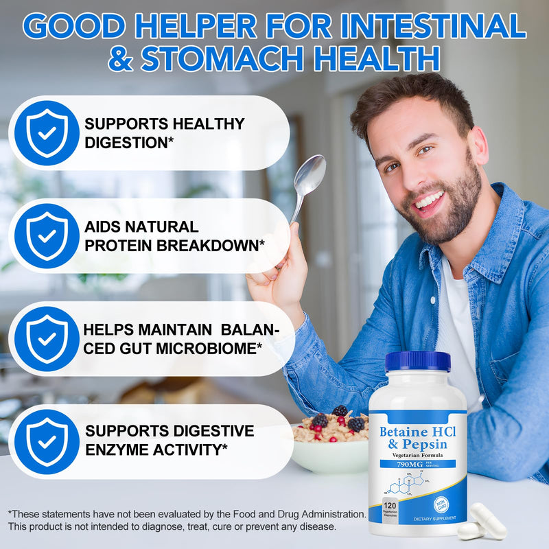 Betaine Hydrochloride (HCl) with Pepsin, 120 Capsules Betaine HCl Capsules Supports Healthy Digestion, Helps Maintain Acid Levels - Gluten Free