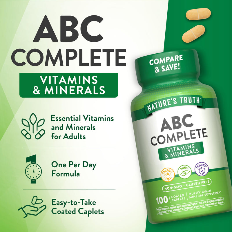 Nature's Truth ABC Complete Multivitamin Supplement for Men and Women | Daily Multivitamin | 100 Caplets | Non-GMO & Gluten Free