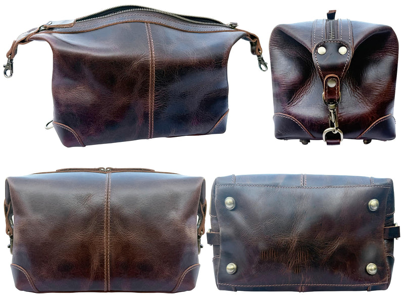 Leather Toiletry Bag for Men - Full Grain Travel Dopp Kit & Shaving Bag | Handcrafted, Spacious Compartment, YKK Zipper, TSA Carry-On, Waterproof Lining, Metal Feets, Makeup and Cosmetic Organizer Walnut Brown