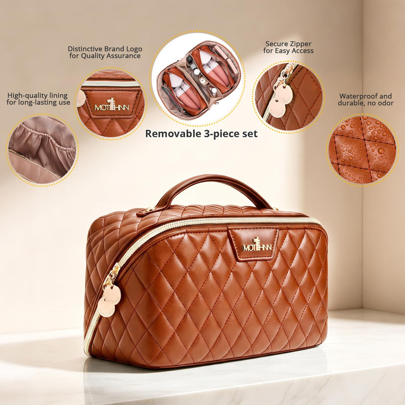 Travel Makeup Bags Cosmetic Organizer: 3Pcs Set Puffy Make up Bag for Women | Brown Premium Quilted ELEGANCE Design | Large Capacity Leather Toiletry Bags | Wide Open Compact Case for Travel Essentials 06 Brown