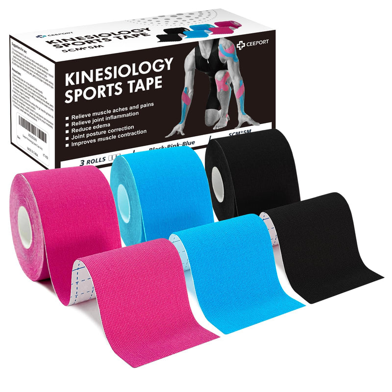[Australia] - Ceeport Kinesiology Tape (5cm x 5m, 3 Rolls) Elastic Kinesiotape Muscle Tape for Joint and Muscle Support, Shoulder, Ankle, Elbow, Wrist, Knee Pain Relief (Black+Pink+Blue) 