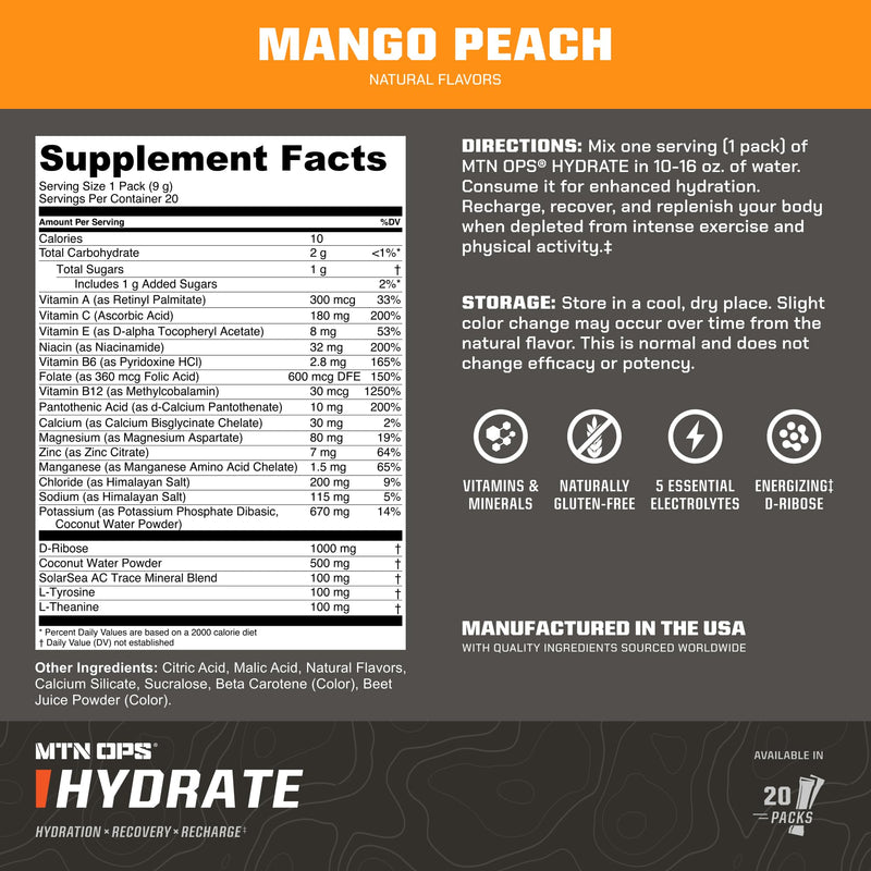 [Australia] - MTN OPS Hydrate Electrolytes Powder Drink Mix, 20 Single Serving On-The-Go Electrolyte Packs with Over 1000mg of Electrolytes per Serving, Mango Peach 