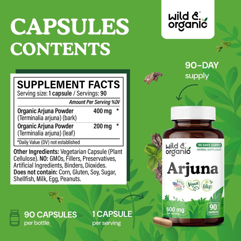 [Australia] - Wild & Organic Arjuna Capsules - Overall Support - Arjuna Bark Powder Supplement - 90 Herbal Capsules - 90 Days of Supply - Terminalia Bark & Leaf Extract - Vegan, No Fillers, Non-GMO 