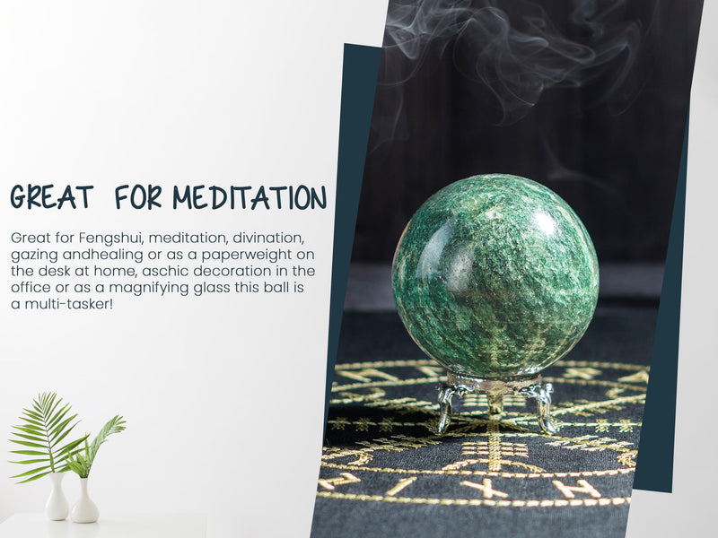 Crocon 35mm Green Aventurine Stone Sphere Ball with Metal Stand 1400+ Carats Gemstone Ball Healing Sphere Sculpture Figurine for Fengshui Divination Home Decoration Photography Crystal Sphere