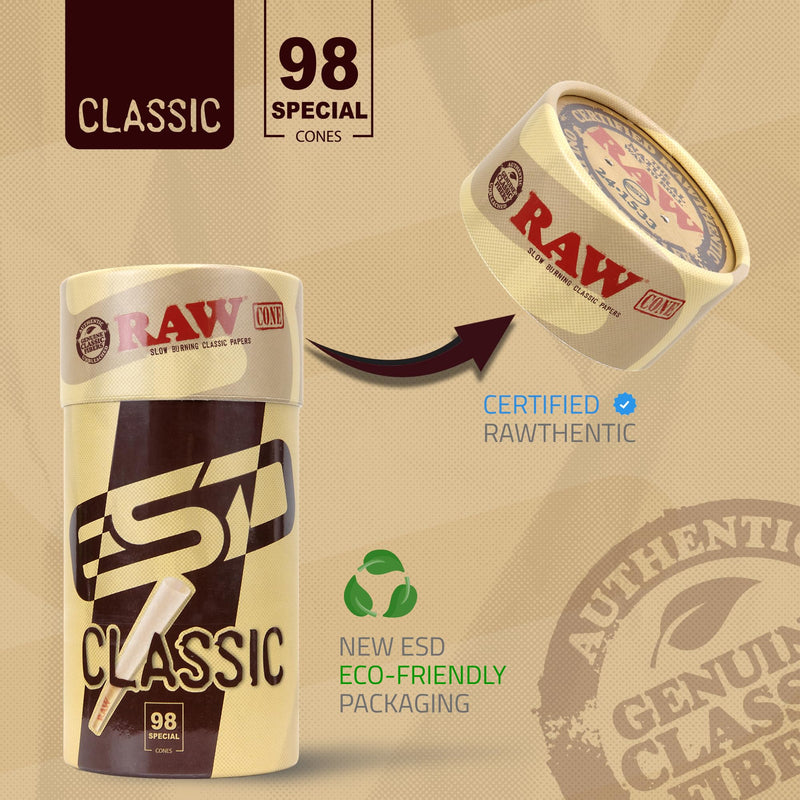 [Australia] - RAW Cones Classic 98 Special | 50 Pack | Natural Pre Rolled Rolling Paper with Tips & Packing Tubes Included 