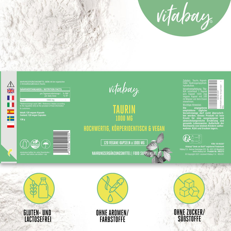 [Australia] - Vitabay Taurine Capsules High Dose 1000 mg - 120 Taurine Capsules Vegan & Laboratory Tested - Taurine Capsules Amino Acid Taurine 1000 mg - Body Identical & No Unwanted Additives 120 Pieces (Pack of 1) 