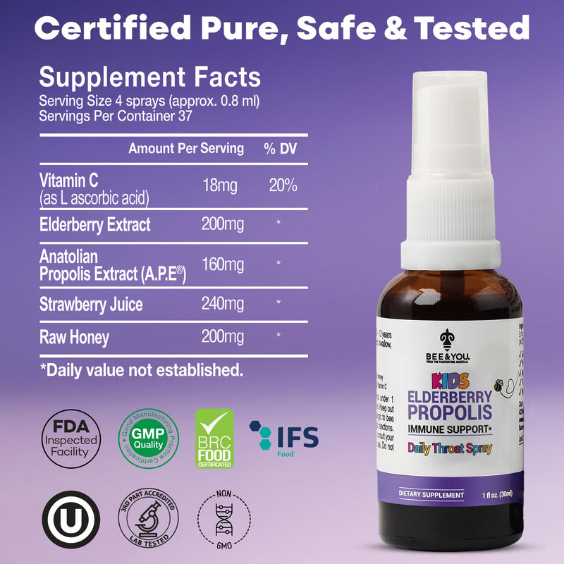 Bee and You Kids Throat Spray with Propolis and Elderberry, Immune Support Supplement for Kids, Kids Vitamins, Immune Defense Spray, 1 fl oz.