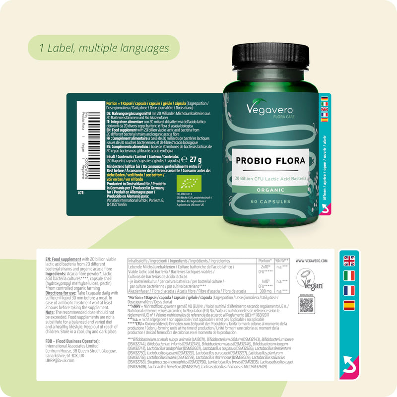 Vegavero Probiotics & Prebiotics | 100% Organic | 20 Strains (Lactobacillus + Bifidobacterium) | 20 Billion Active Bacteria & Acacia Fibre | 60 Vegan Capsules | NO Additives