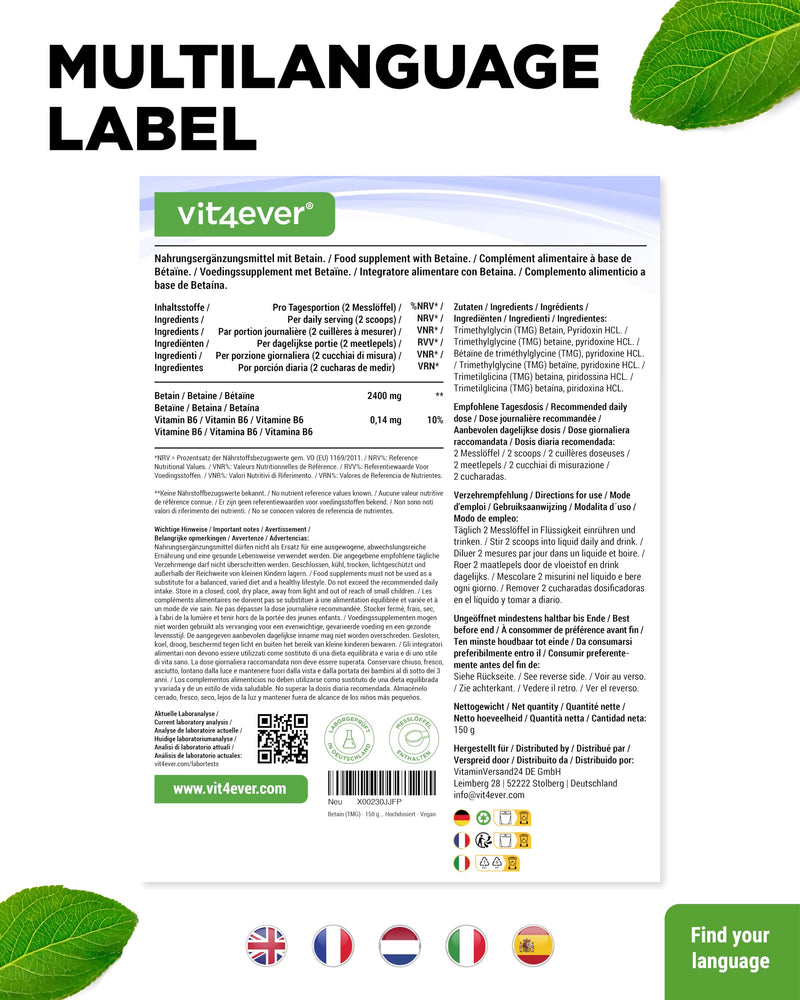 [Australia] - Betaine (TMG) - 150 g - Betaine from sugar beet - 99% purity - Trimethylglycine - High dosage - Vegan 