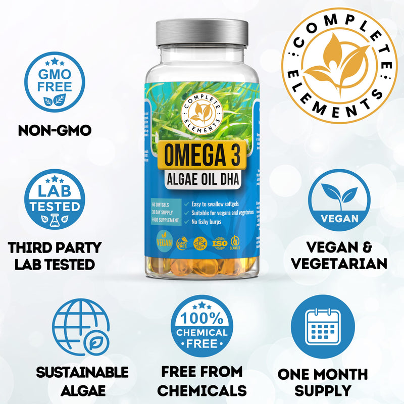 Vegan Omega 3 Algae Oil | Sustainable Algal Alternative to Fish Oil | 60 High Strength Capsules | 400mg DHA Supplement with Vitamin E | Vegetarian Essential Fatty Acids | Heart, Joints, Brain Health