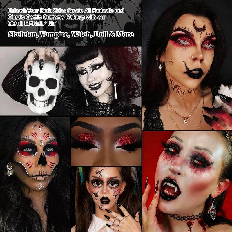 [Australia] - Afflano Goth Makeup Kit Halloween Costume, SFX Clown Goth White Foundation Face Paint, Lipstick Black Red Eyeshadow, False Eyelashes Nail Eyeliner Eyebrow Carnival Theater Emo Mime Ghost Gothic Makeup 