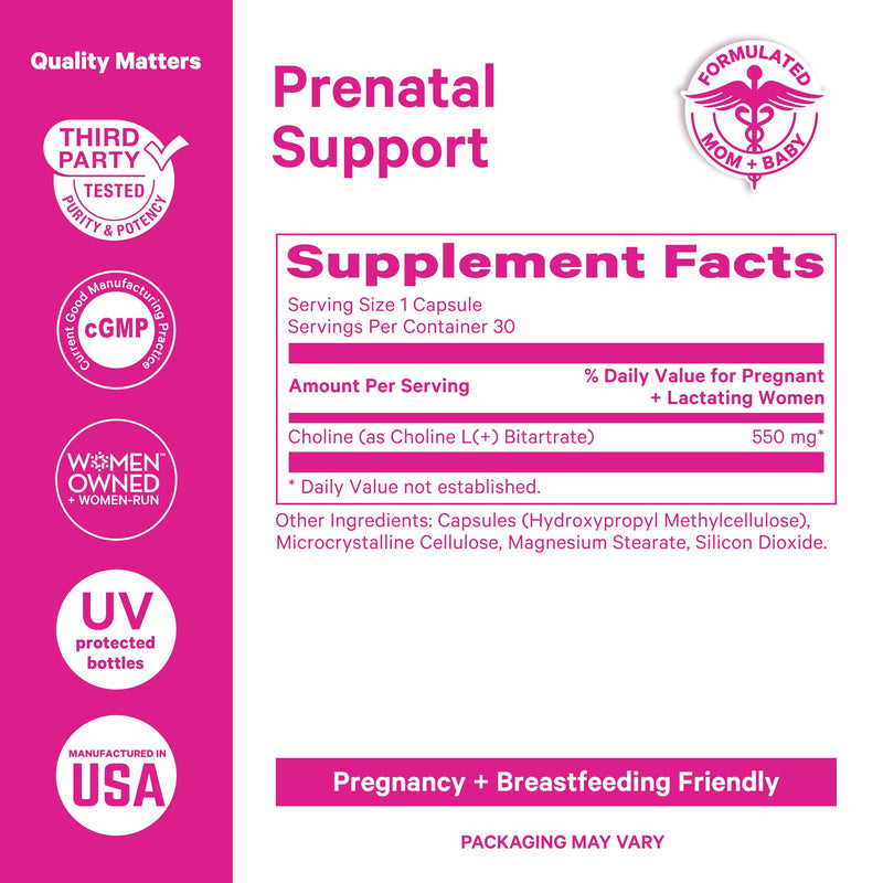 [Australia] - Pink Stork Choline - 550 mg Choline Bitartrate from VitaCholine for Pregnant + Postpartum Moms - Prenatal Vitamin for Fetal Cognitive Health + Breast Milk Quality - 1 Capsule Daily, 30 Count 