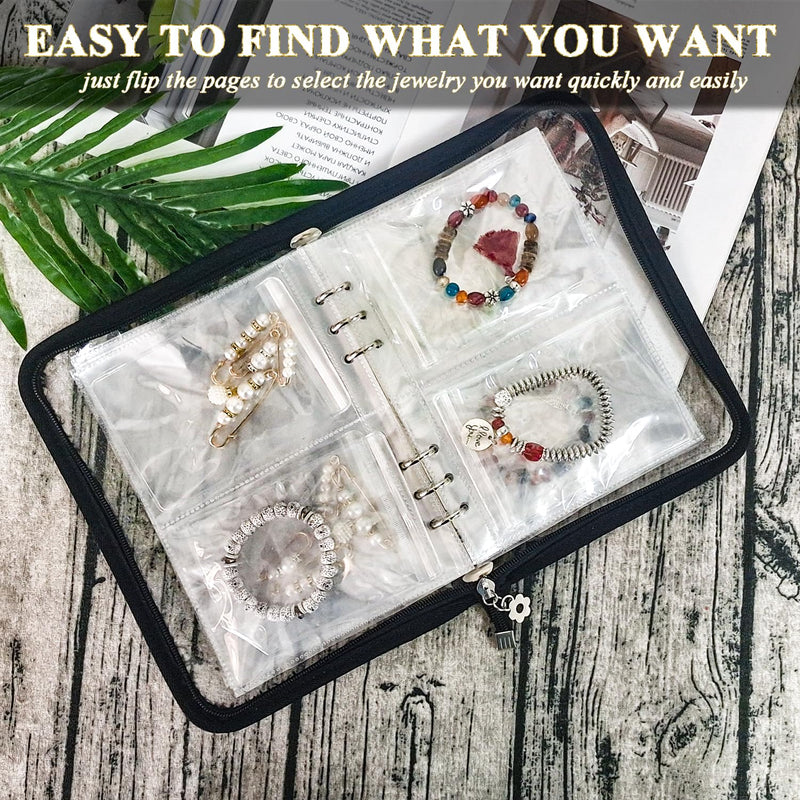 Travel Jewelry Organizer Case with Clear Zipper Velvet Pouch and Transparent Jewelry Storage Book with Small Clear Zippered Pouch