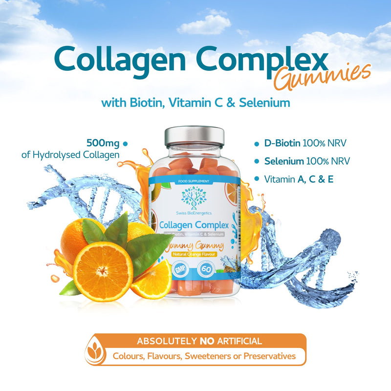 Collagen Complex - 60 Natural Orange Flavour Chewable Yummy Gummies - One a Day 500mg Bovine Collagen, Biotin, Vitamin C, Selenium, Vits B6 and B12 – Healthy Skin and Hair for Men and Women – UK Made 60 Gummies