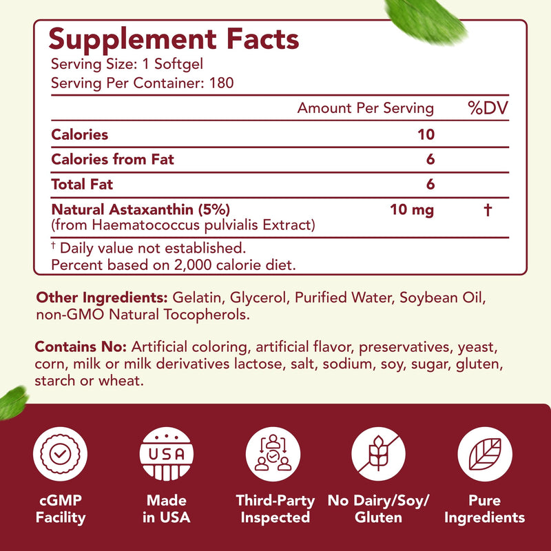 [Australia] - Easy Absorption Astaxanthin Supplement - 10mg Astaxanthin from Haematococcus Pluvialis Fresh Microalgae for Skin and Eye Health Support - Rich in Antioxidants and Carotenoids (180 Servings) 