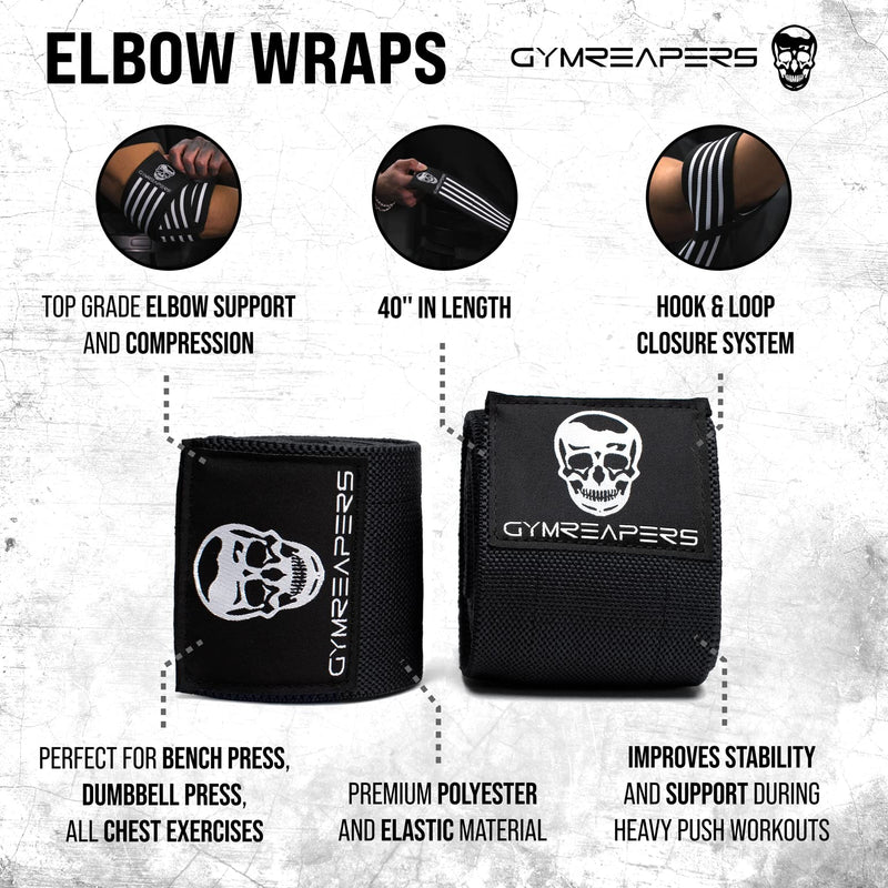 [Australia] - Gymreapers Weightlifting Elbow Wraps (1 Pair) - Flexible 40'' Elbow Compression Strap & Joint Support Brace - For Bench Press, Powerlifting, and Pressing (Black) Black 