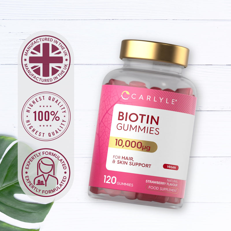 Biotin Hair Growth Gummies 10,000mcg | 120 Count | Vitamin B7 | High Strength Supplement for Hair and Skin Support | Strawberry Flavour | Vegan | By Carlyle