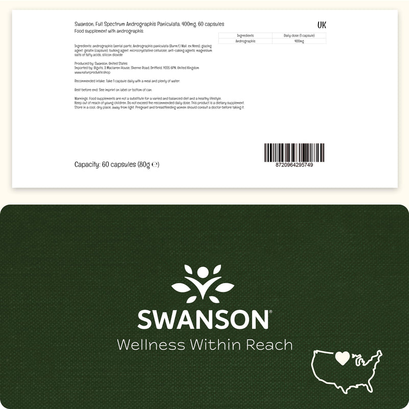 Swanson, Full Spectrum Andrographis Paniculata, 400mg, 60 Capsules, SOYA-Free, Gluten-Free, GMO-Free 60 count (Pack of 1)