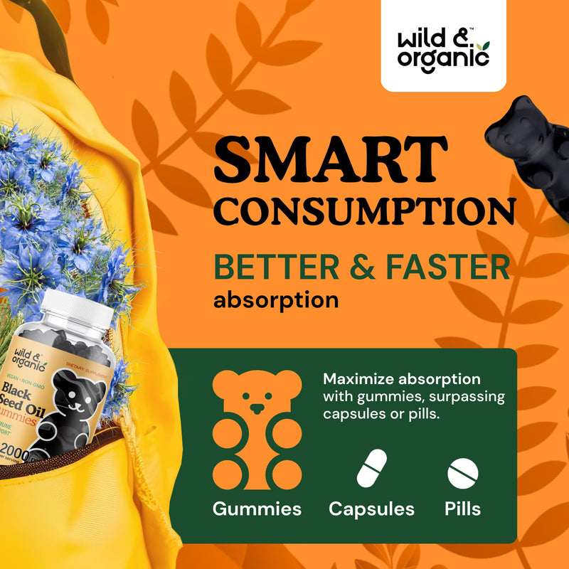 [Australia] - Wild & Organic Black Cumin Seed Oil Gummies 2000mg - Nigella Sativa Supplement with Omega 3, 6, 9 Fatty Acids - Vegan, Non-GMO - 60 Chews 