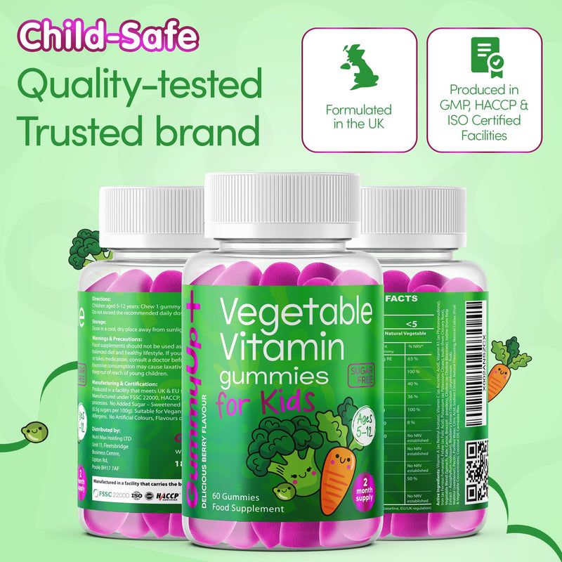 Kids 11-in-1 Vegetable Gummies | Daily Veg + Fibre | 2-Month Supply | Ages 5–12 | Sugar-Free Vegan | with Vitamins & Minerals | GummyUp+