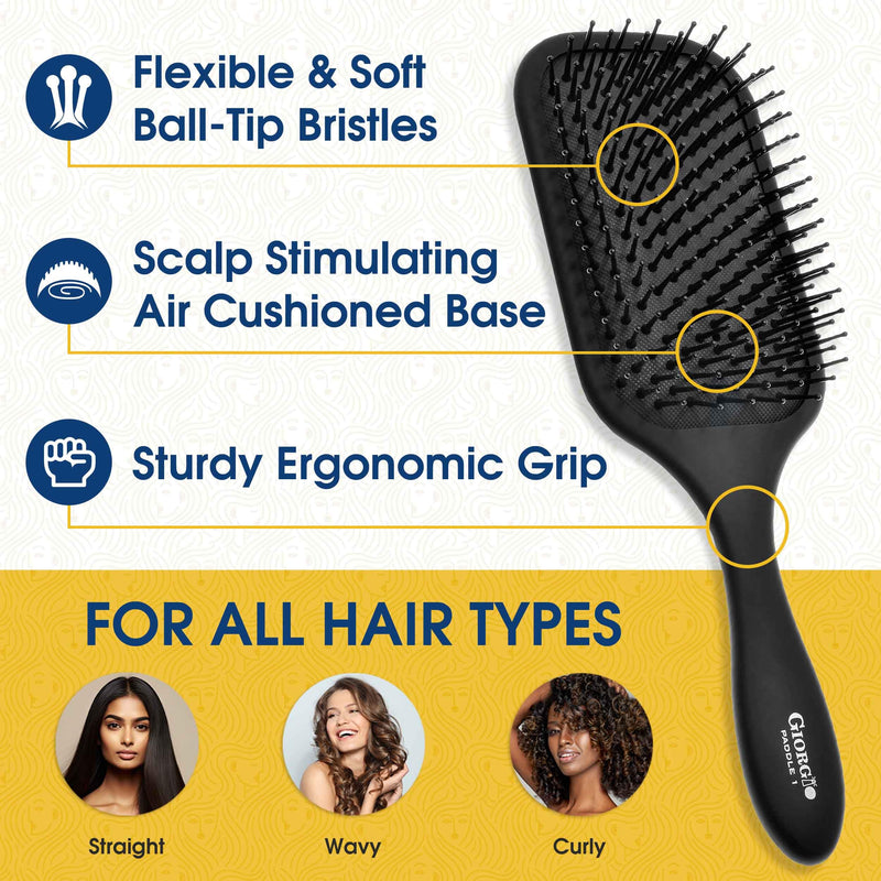Giorgio Detangling Paddle Brush - Large Air Cushion Paddle Brush with Ball Tip Tourmaline Bristles - Anti Static Hair Care Tool for Men and Women, Wet or Dry - Black