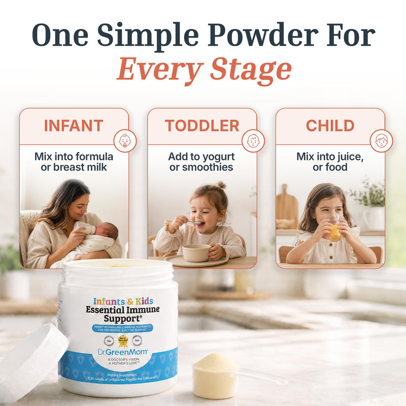 Dr. Green Mom Essential Immune Support for Kids — Powder Multivitamin with Probiotic, Zinc, Vitamin C, D3 & Quercetin — Sugar-Free, Mixes into Drinks — Kids, Toddlers & Infants — 90 servings — Non-GMO