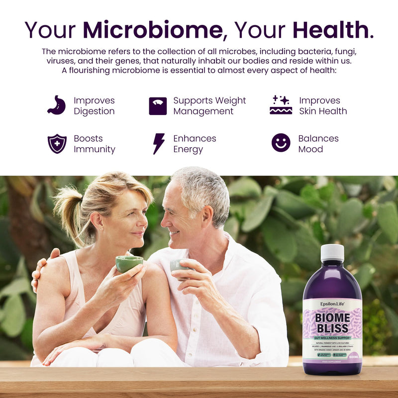 Biome Bliss Complete Gut Repair Probiotic Drink with Saccharomyces Boulardii & Live Bacterial Cultures | Natural Probiotics for Gut Health | 100% Organic Ingredients | Apple Juice & Honey | 25 Herbs