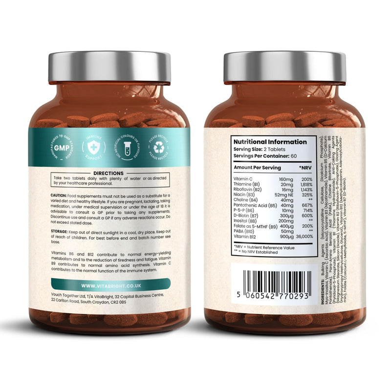 Vitamin B Complex High Strength Methylated B Vitamins | B6 Vitamins with Folate & B12 Supplements | Complete Complex with 12 Active Nutrients | Not Liquid Drops Or Spray | Vitabright 120 count (Pack of 1)