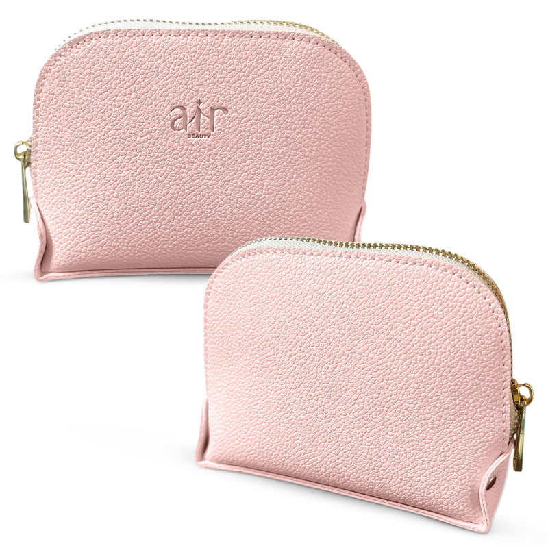 Travel Essentials Makeup Bag Set – Pink & Gray Textured Leather Cosmetic Pouches With Gold Zippers For On-The-Go Beauty – Travel Size – Gift Box Included